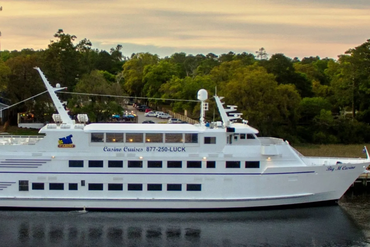 An exterior shot of a luxury cruise ship nestled among trees, with guests seen enjoying dining and entertainment on board. The scene hints at vibrant dinner events and scenic views, capturing the excitement of a memorable night out on the water.